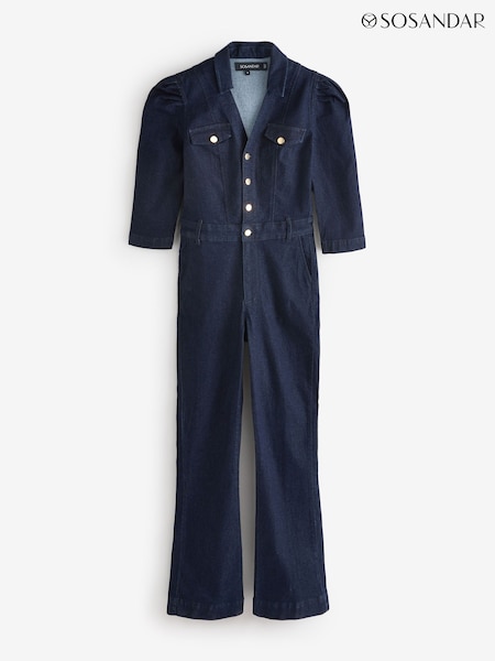 Sosandar Blue Puff Sleeve Kicklare Denim Jumpsuit (F52613) | €130