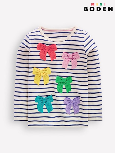 Boden Blue Bow Ari Long Sleeve Boucle 100% Cotton T-Shirt (F52727) | €29 - €33