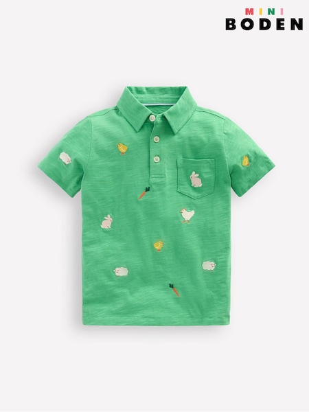 Boden Green Embroidered Slub 100% Cotton Polo Shirt (F52728) | AED61 - AED67