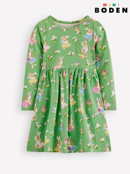 Boden Green Easter Long Sleeved Fun 100% Cotton Jersey Dress (F52741) | €17.50 - €21.50