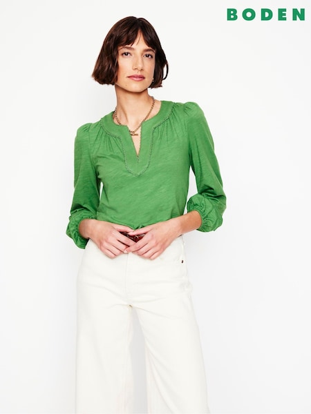 Boden Green Ava Long Sleeve Trim 100% Cotton Top (F52746) | €59