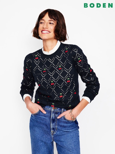 Boden Blue Enid Embroidered 100% Cotton Jumper (F52749) | €143