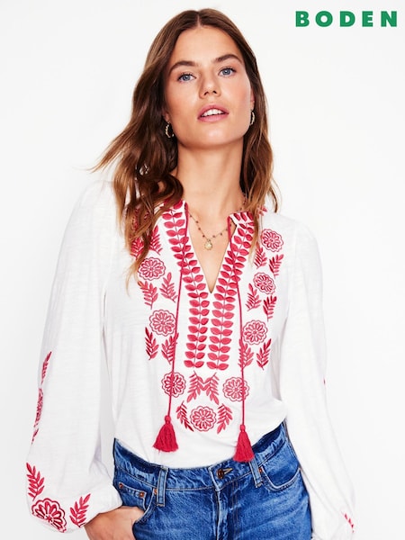 Boden White Nia Embroidered 100% Cotton Top (F52779) | €58