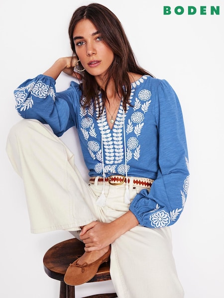 Boden Blue Nia Embroidered 100% Cotton Blouse (F52798) | OMR20
