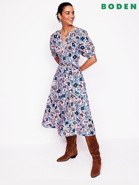 Boden Cream Bria Puff Sleeve 100% Cotton Midi Dress (F52802) | €79