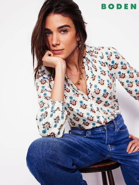 Boden Cream Fay Smocked Jersey Shirt (F52826) | AED174