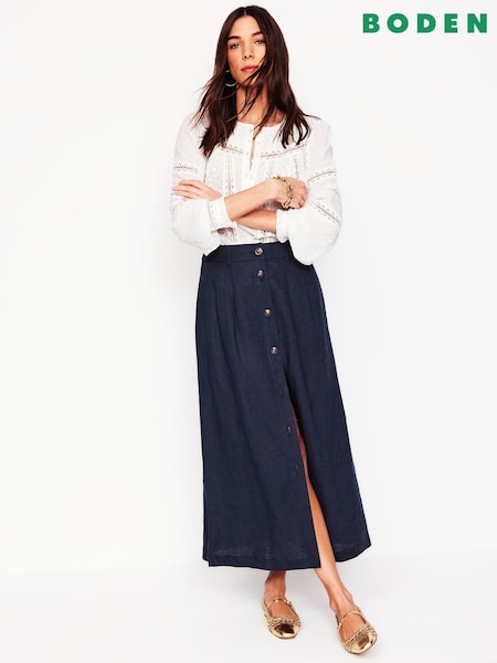 Bleu - Boden Thomasina 100% Linen Midi Skirt (F52833) | 148 €