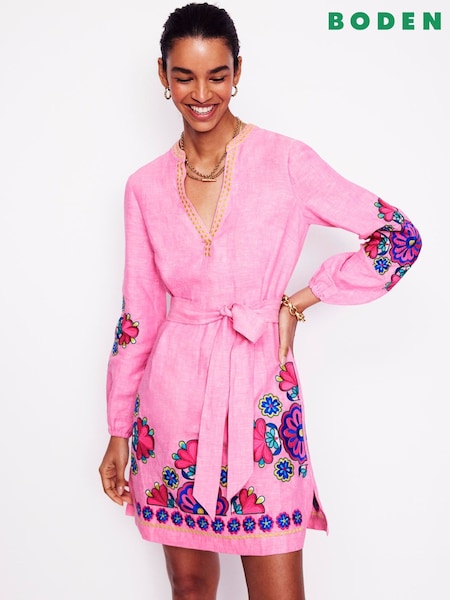 Boden Pink Cleo Tie Waist Linen Dress (F52892) | €212