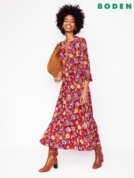 Boden Red Ivy Smocked Midi Dress (F52898) | €64