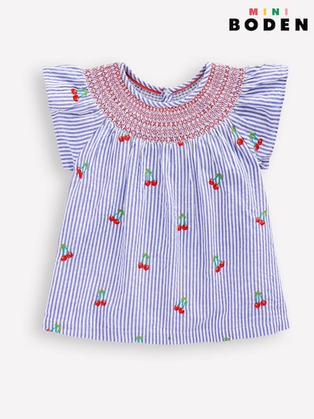 Boden Blue Woven Smocked 100% Cotton Top (F52901) | SGD 52 - SGD 62