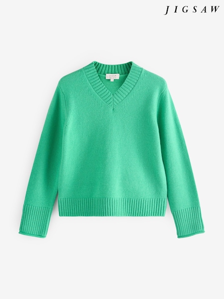 Jigsaw Green Wool Cashmere Blend V-Neck Jumper (F52906) | €76