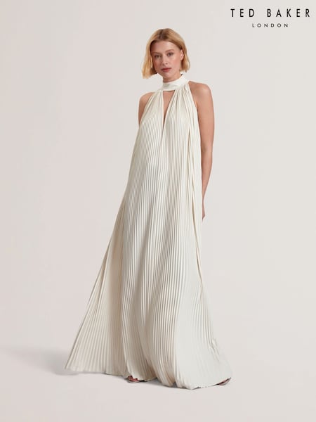 Ted Baker White Akala Pleated V-Neck Maxi Dress (F53078) | LEI 1,929