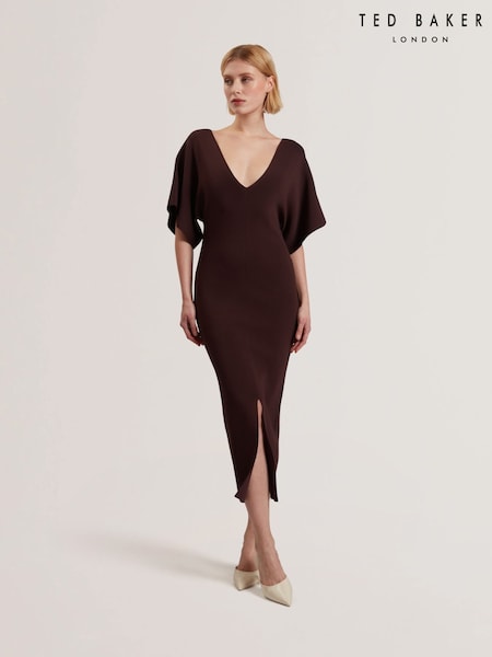 Ted Baker Brown Rebexxa V-Neck Knitted Midi Dress (F53143) | 965 QAR