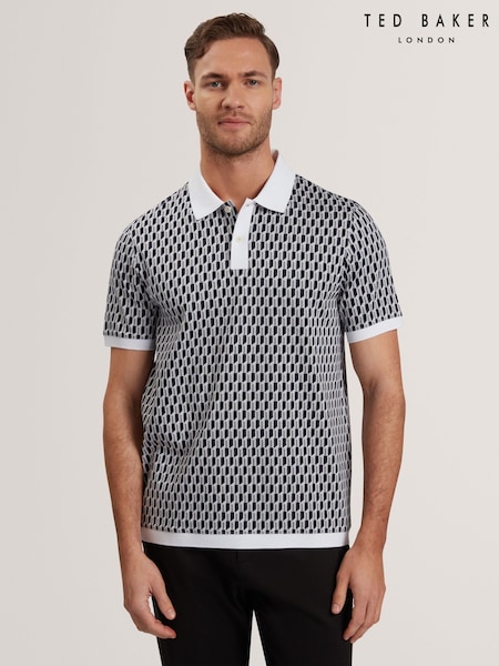 כחול  - Ted Baker Hamishs Jacquard Stripe Geo Short Sleeve Polo Shirt (F53180) | ‏377‏₪