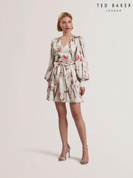 Кремовый - Ted Baker Cuiaba Pleat Detail V-Neck Mini Dress (F53204) | €237