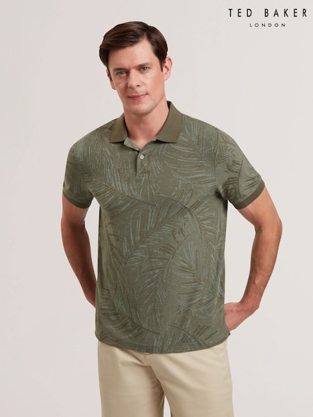 Ted Baker Green Edwine Short Sleeve Regular Leaf Print Polo Shirt (F53220) | 404 QAR