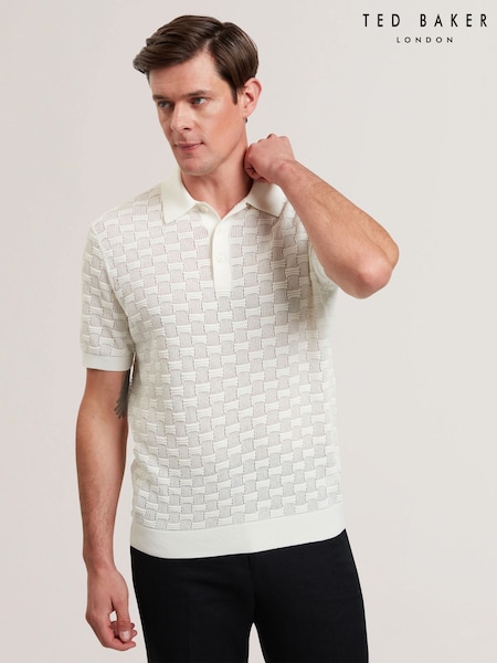 Ted Baker White Waterby Short Sleeve Textured Silk Polo Shirt (F53228) | €184
