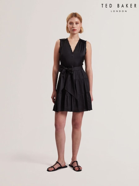 Ted Baker Black Cuiaba Pleat Detail V-Neck Mini Dress (F53236) | 857 QAR