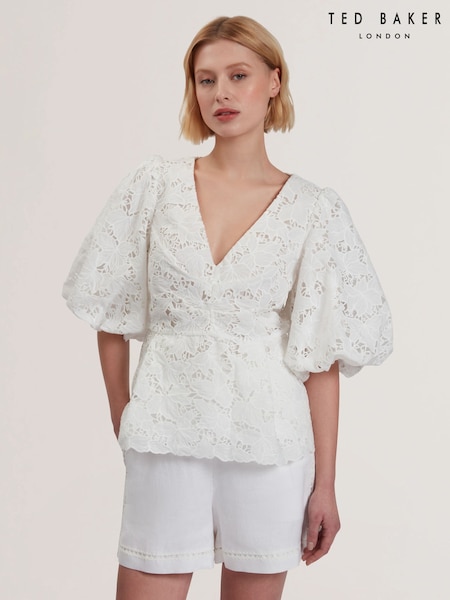 Ted Baker White Ellari-Tie Front Detail Balloon Sleeve Top (F53255) | ₪900