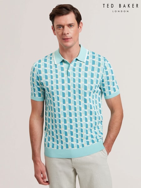 Ted Baker Green Rossio Short Sleeve Rayon Geometric Polo Shirt (F53283) | 534 QAR