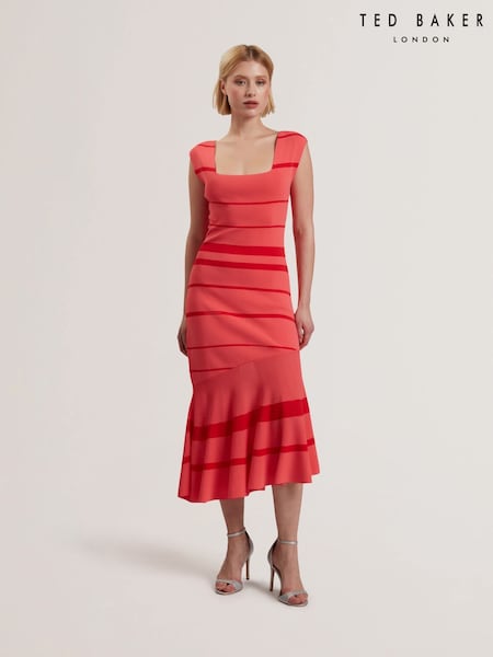 Ted Baker Orange Tilleea-Square Neck Stripe Knit Midi Dress (F53288) | kr2 128