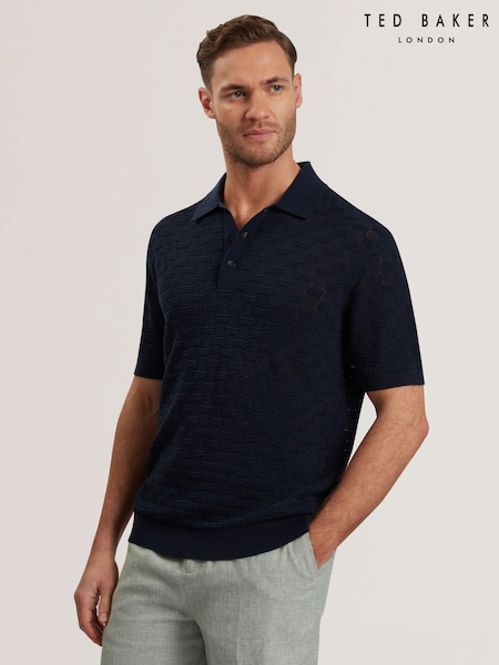 أزرق - Ted Baker Waterby Short Sleeve Textured Silk Polo Shirt (F53314) | ‏831 د.إ.‏