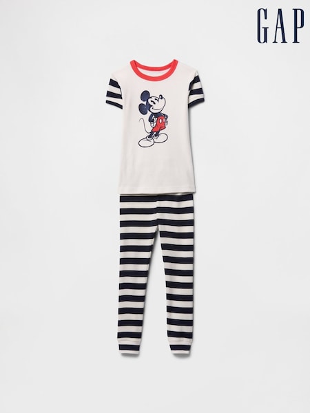 Gap White & Black Mickey Mouse Disney Cotton Short Sleeve Striped Pyjamas (6mths-5yrs) (F53476) | €36