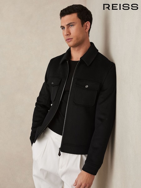 Reiss Black Peridoe Zip-Through Trucker Jacket With Wool (F53526) | €395