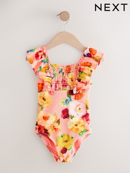 Pink Floral Shirred Frill Sleeve Swimsuit (3-16yrs) (F53557) | €21.50 - €28