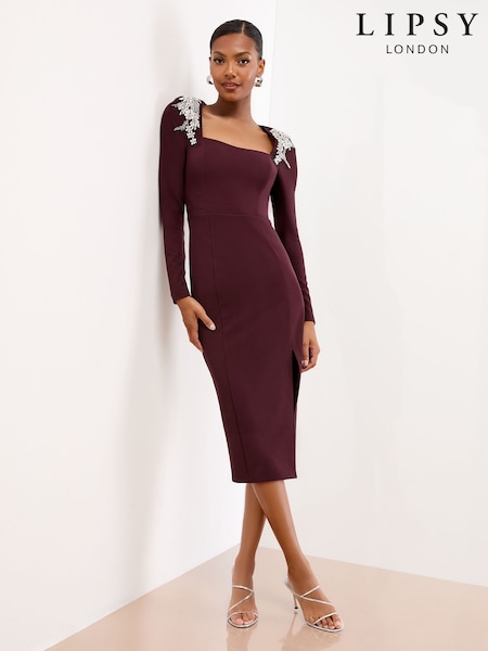 Lipsy Wine Petite Embellished Shoulder Trim Long Sleeve Bodycon Midi Dress (F53575) | €126