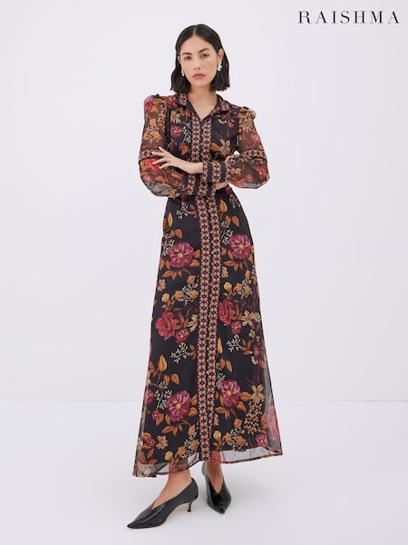 Raishma Black Aspen High Neck Long Sleeve Classic Fit Floral Dress (F53600) | R$ 1,825