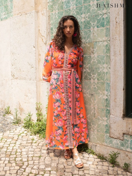 Raishma Orange Athena Chiffon Long Sleeve V-Neck Vibrant Floral Print Dress (F53603) | $262