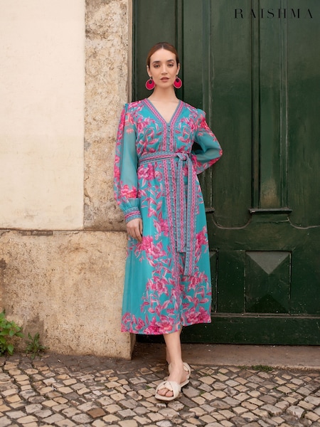 Синий - Raishma Naomi V-Neck Tie Belt Long Sleeved a Line Floral Print Dress (F53604) | €219