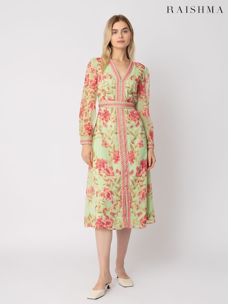Raishma Green Naomi V-Neck Tie Belt Long Sleeved a Line Floral Print Dress (F53605) | €210
