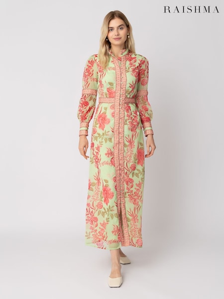 Raishma Green Aspen High Neck Long Sleeve Classic Fit Floral Dress (F53609) | R$ 1,825