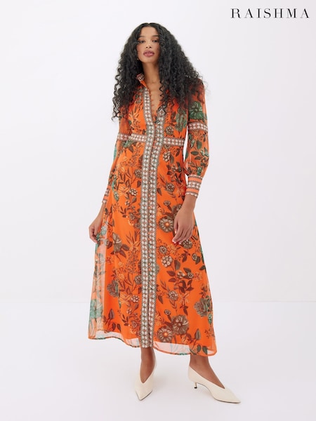 Raishma Orange Aspen High Neck Long Sleeve Classic Fit Floral Dress (F53610) | 916 QAR