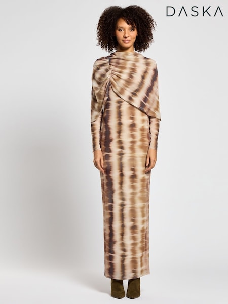 Daska Brown Carina Maxi Dress With Long Sleeves And Cape Ruched Detail (F53613) | AED641
