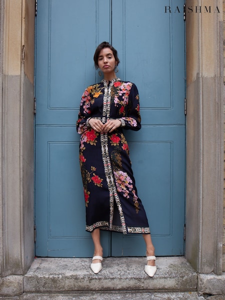 Raishma Black Brenna Floral Long-Sleeved Crepe Dress (F53614) | R$ 1,825