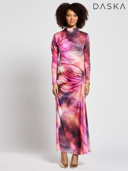 Daska Pink Leo Maxi Dress With Long Sleeves And Side Ruched Detail (F53622) | 495 QAR