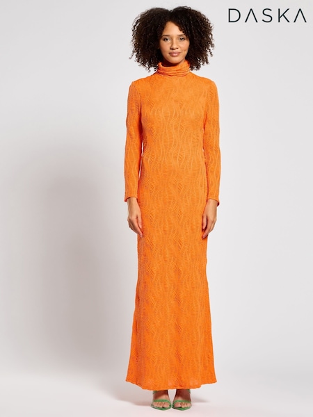 Daska Orange Silia Maxi Dress With Long Sleeves In A Textured Fabric (F53634) | 445 QAR