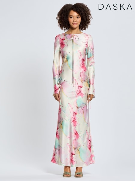Daska Pink Sali Maxi Dress With Long Sleeves And Neck Tie Details (F53637) | 495 QAR