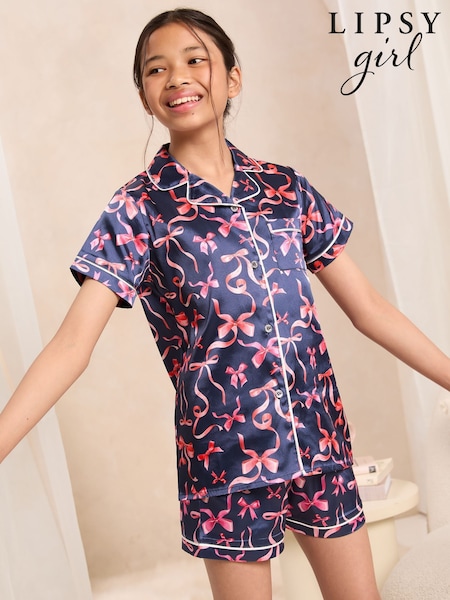 Lipsy Navy Bow Satin Pyjamas (5-16yrs) (F53675) | € 36 - € 48