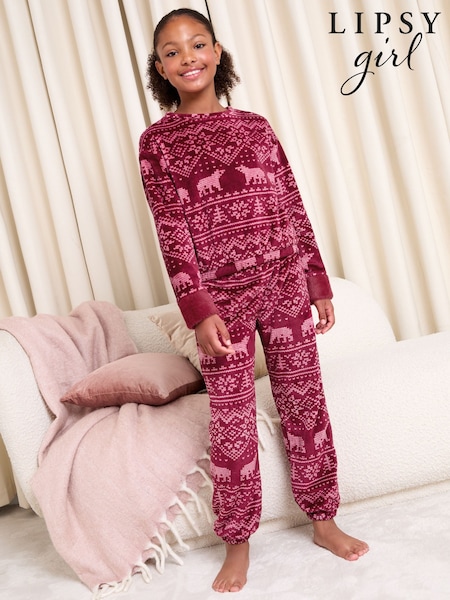 Lipsy Burgundy Red Polar Bear Christmas Soft Touch Fairisle Twosie Pyjamas (5-16yrs) (F53684) | AED157 - AED204