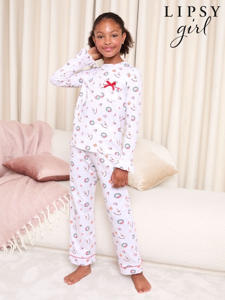 Lipsy Cream Garland Christmas Jersey Pyjamas Set (5-16yrs) (F53686) | AED128 - AED175