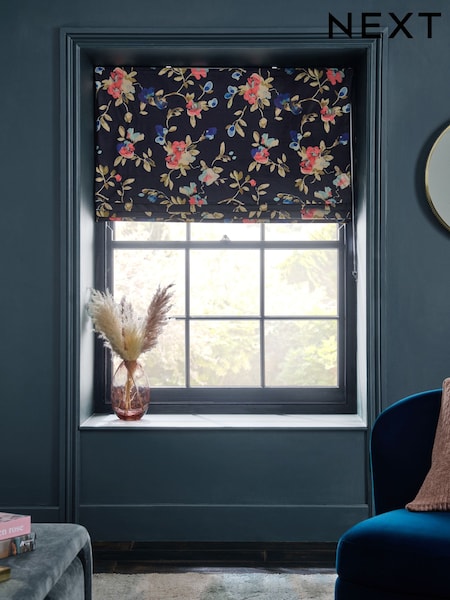 Navy Blue Ready Made Blackout/Thermal Floral Velvet Roman Blind (F53762) | €66 - €145