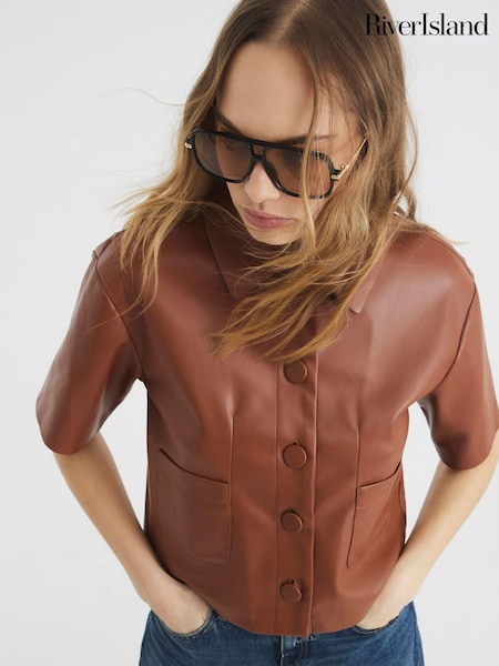 River Island Brown Faux Leather Short Sleeve Shirt (F53819) | $61