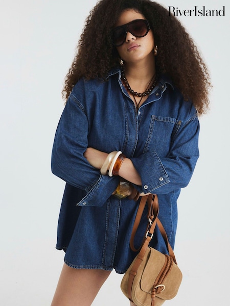 River Island Blue Denim Cuff 100% Cotton Shirt Dress (F53845) | €70
