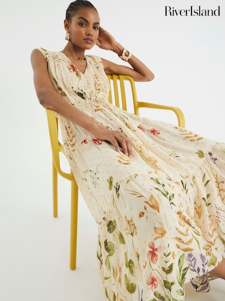 River Island Cream Floral Shirred Midi Dress (F53848) | $173