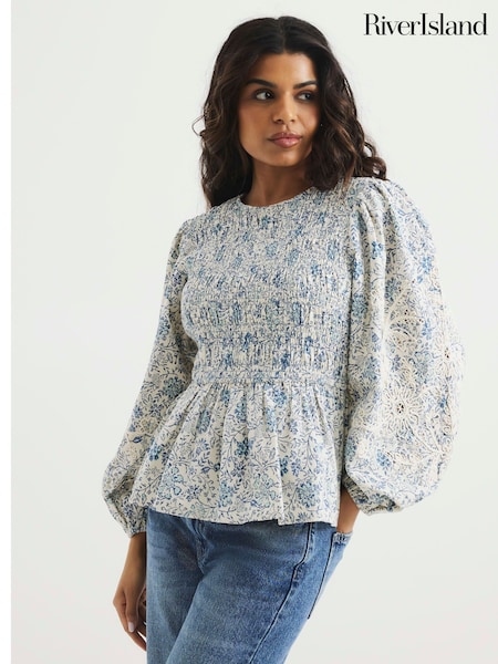 River Island Blue Petite Shirred Bodice 100% Cotton Top (F53862) | 2,523 UAH