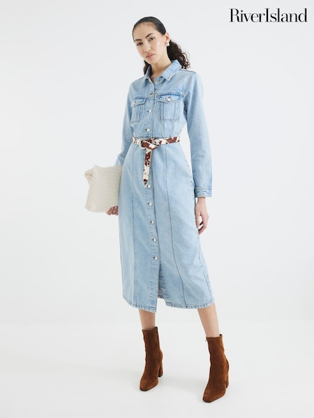 River Island Blue Denim 100% Cotton Midi Shirt Dress (F53869) | $111
